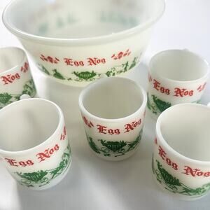 Vintage Hazel Atlas Milk Glass Christmas Egg Nog Serving Bowl Set w/ 5 Cups